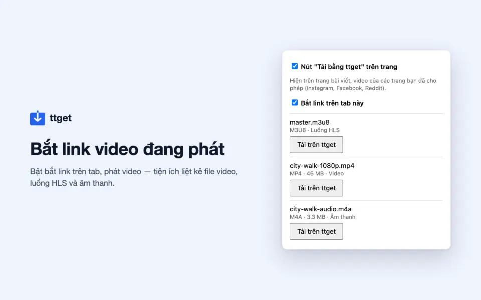 Popup tiện ích ttget liệt kê các file video tìm thấy trên một tab