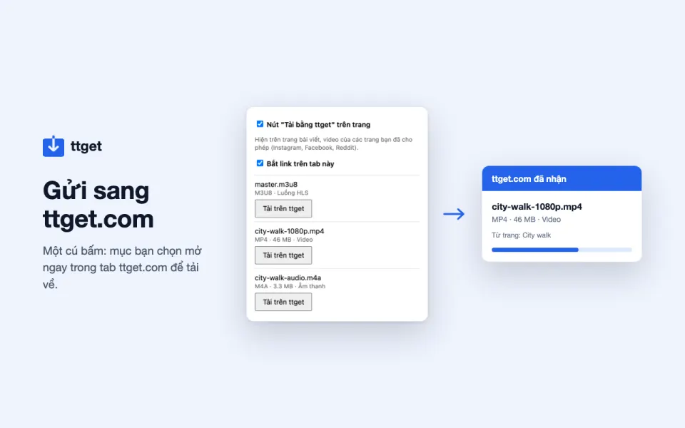 Gửi link từ tiện ích ttget sang ttget.com